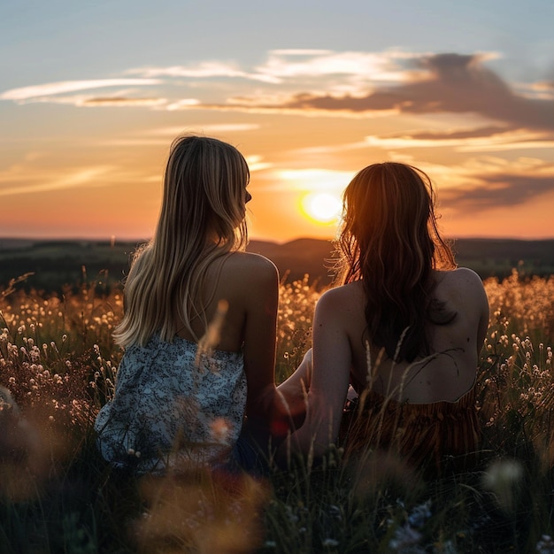 two women sit in a field with the sun behind them