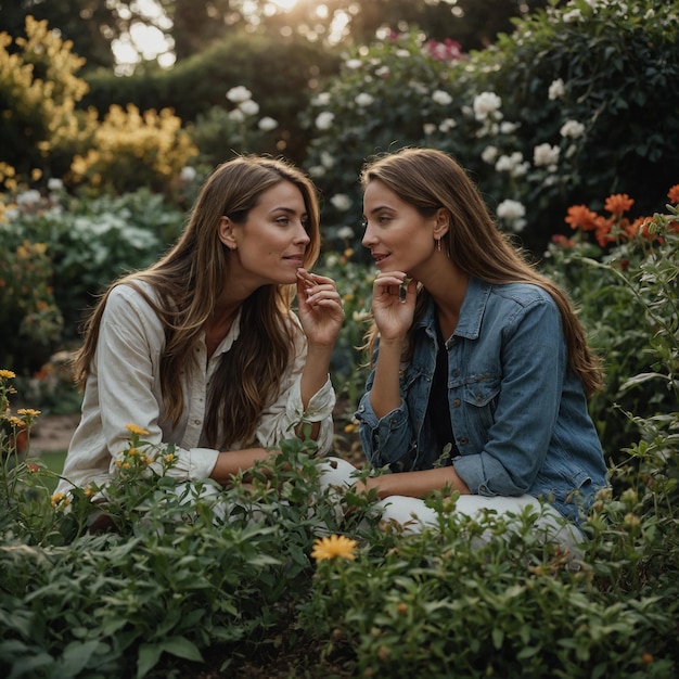 Photo two women sit in a garden one of them is wearing a denim shirt