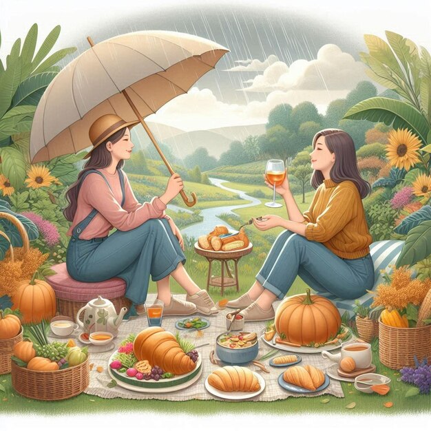 two women sit in a garden with an umbrella and a basket of pumpkins