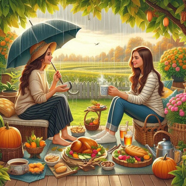 two women sit in a garden with an umbrella and a basket of pumpkins