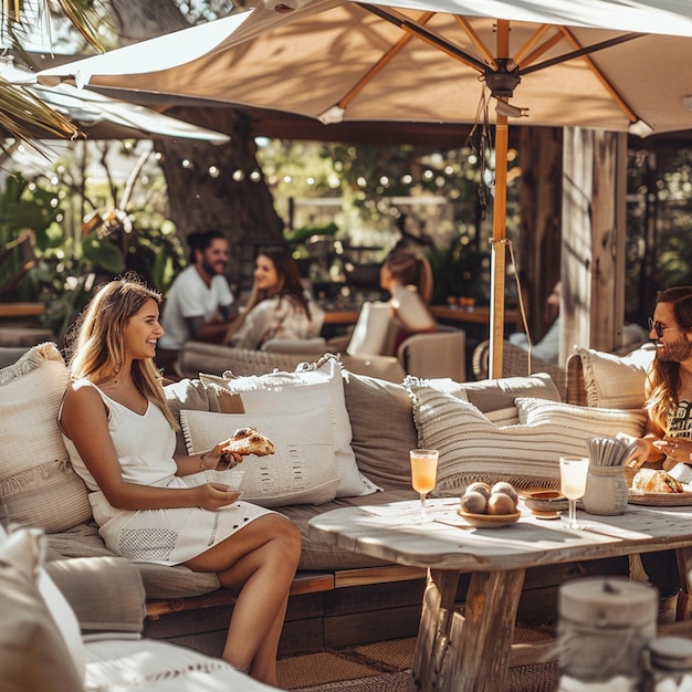 Photo two women sit on a patio table with a couple sitting at a table with food and drinks