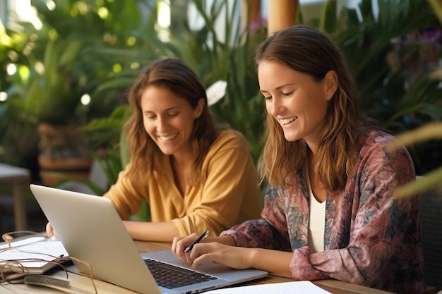 Two women sit at a table one of them is using a laptop