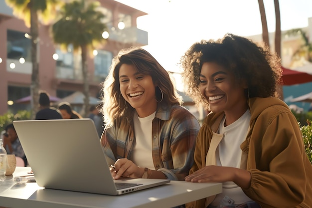 Two women sit at a table with a laptop and smile