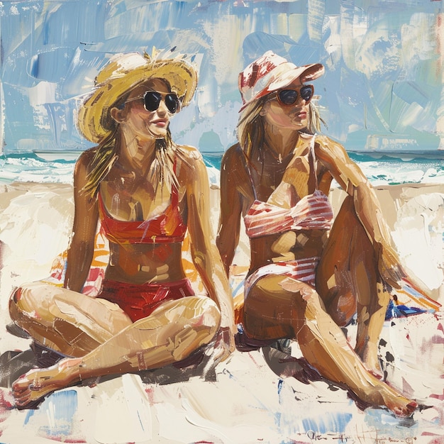 two women sitting on the beach one wearing a hat and the other wearing a hat