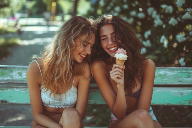 Two Women Sitting on a Bench Eating Ice Cream