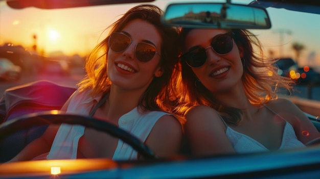 Two Women Sitting in a Car at Sunset