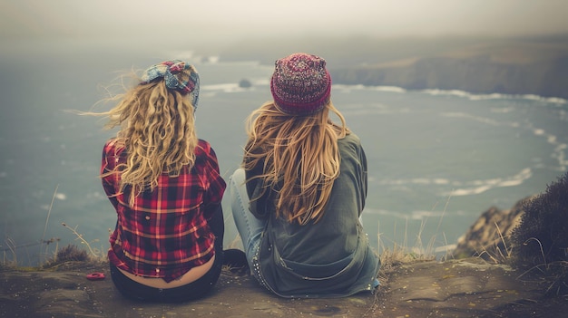 Photo two women sitting on a cliff overlooking the ocean