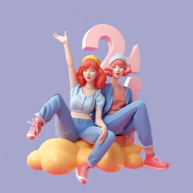 Two women sitting on a cloud with the number 24 on it.