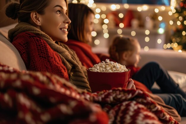 Photo two women sitting on a couch engrossed in watching a movie together a family watching a holiday movie together snuggled up on the couch with blankets and bowls of popcorn