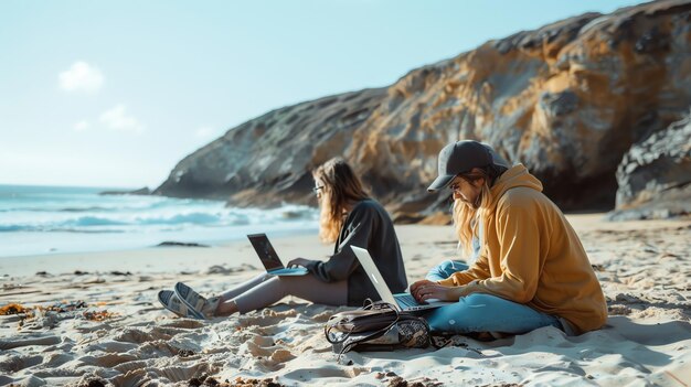 Photo two women sitting on a sandy beach with laptops working or studying remotely