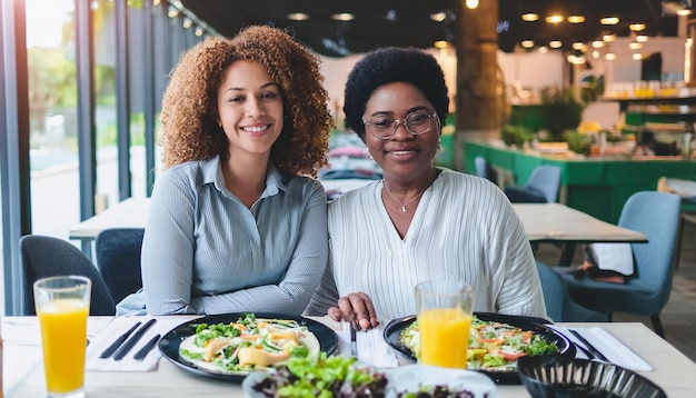 two women sitting at a table with plates of food and a glass of orange juice