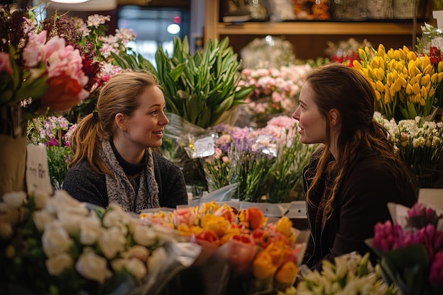 Photo two women sitting and talking at a flower shop with bouquets around them ar 32 v 61 job id 8bdcbbc6e8264225b225d6c786daa7fe