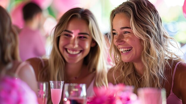 Photo two women smile brightly at each other enjoying a summer celebration breast cancer awareness day