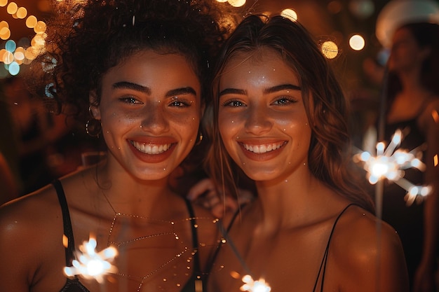 two women smile and smile in front of a christmas tree