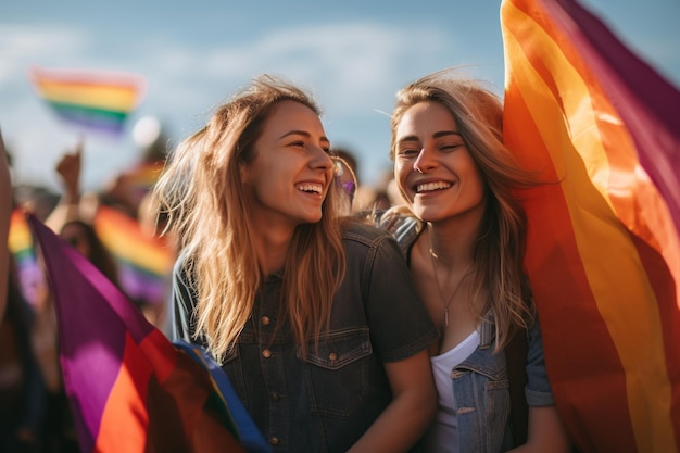 Photo two women smile and smile in a rainbow flag