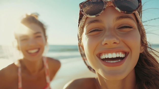 Photo two women smiling at the beach one of them is wearing sunglasses