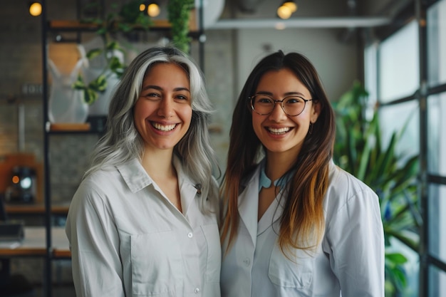 Photo two women smiling in front of a plant with a plant in the background