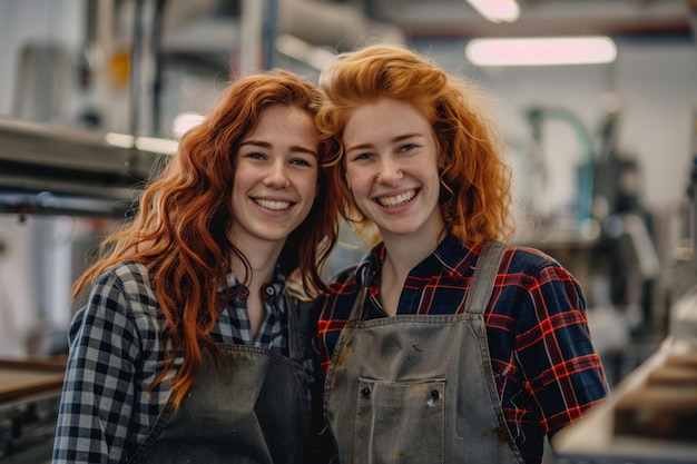 Photo two women smiling in front of a store with one wearing an apron that says  i love you