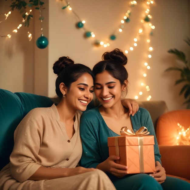 two women smiling and holding a gift with the words happy birthday on the back