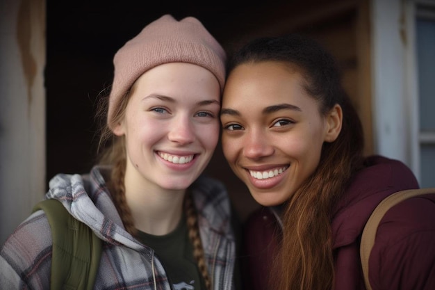 Photo two women smiling and one has a pink hat on