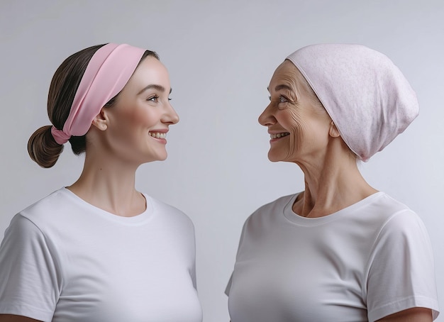 Photo two women smiling and one has a pink scarf on her head