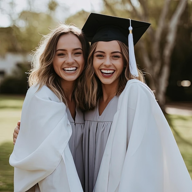 Photo two women smiling and one has a white cape on