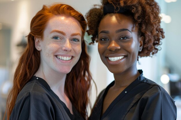 Photo two women smiling for a photo with one wearing a black shirt with the words  natural  on it