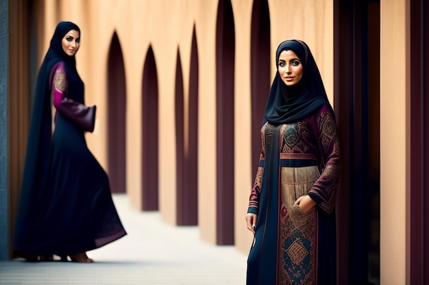 Two women stand in a row, one of which is wearing a hijab.