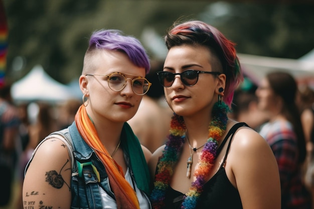 Two women stand together, one wearing a rainbow lei, the other wearing glasses and the other wearing a rainbow lei.