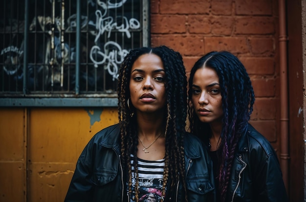 Two Women Standing in Front of Brick Wall Generative AI