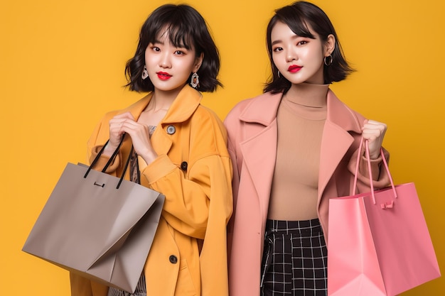 Two women standing in front of a yellow background holding shopping bags