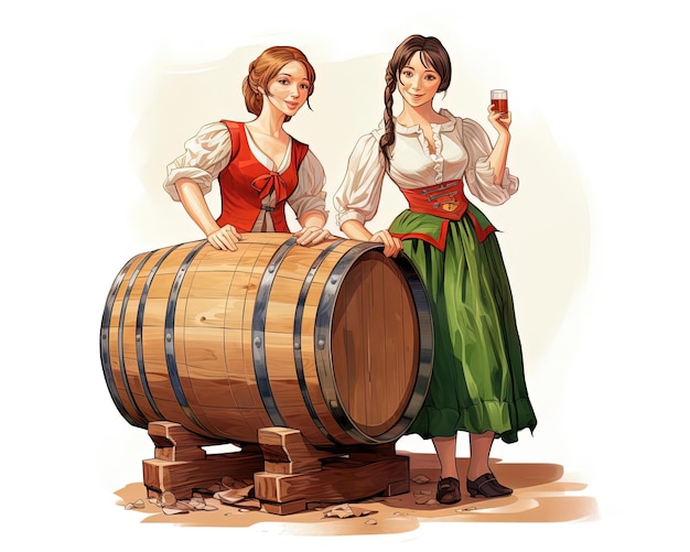 two women standing in german dresses near a wooden barrel in the style of playful cartoon