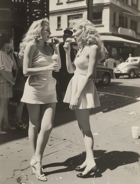 Photo two women standing on a sidewalk talking to each other generative ai