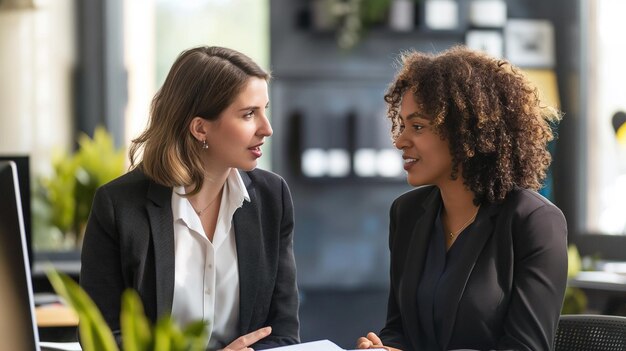 Two women in suits talking in the office