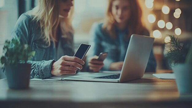 Two women at a table one using a phone and the other using a laptop with a blurry background of lights and plants