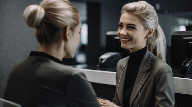 Two women talking in a lobby, one of them is wearing a suit and the other is wearing a black turtleneck.