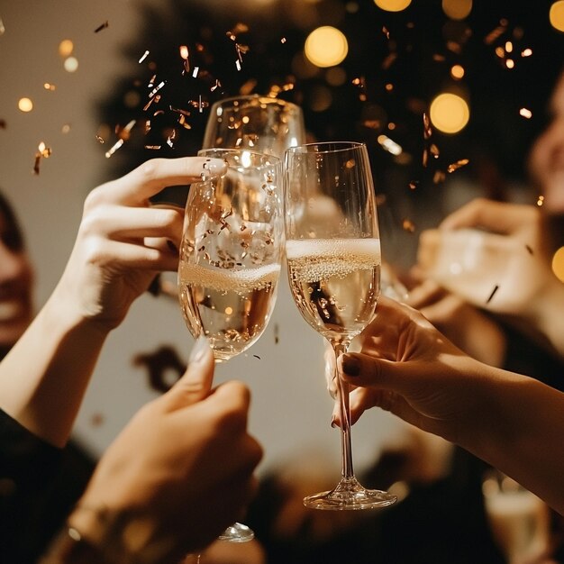 two women toasting champagne glasses with confetti in the background