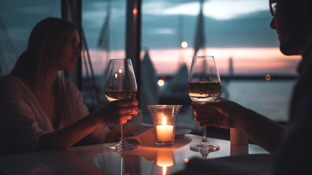 Two women toasting wine glasses at a restaurant with a view of the sunset in the background.