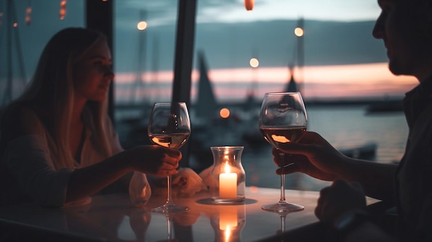 Two women toasting with wine glasses at a restaurant in the harbor.