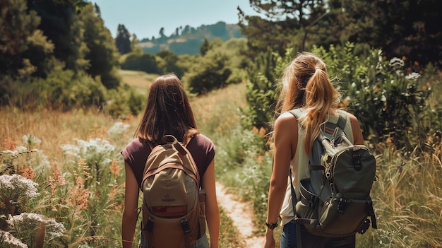 Photo two women walking on a path through the woods