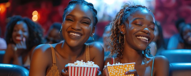 two women watching movie in cinema eating popcorn ai generated