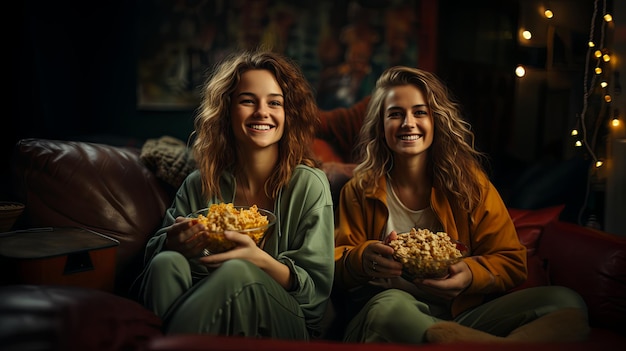 Two women watching a movie at home while eating popcorn