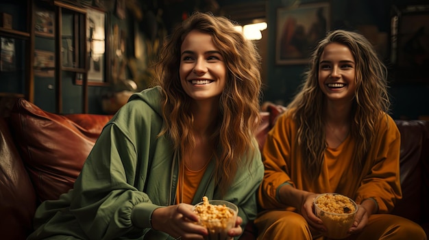 Two women watching a movie at home while eating popcorn