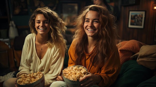 Two women watching a movie at home while eating popcorn