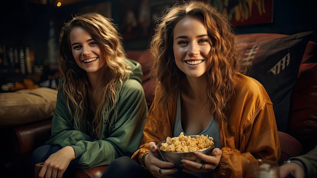 Two women watching a movie at home while eating popcorn