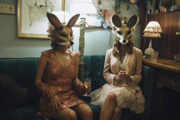 two women wearing bunny ears and a mask with a glass of wine.