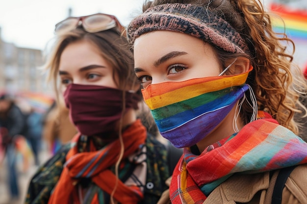 two women wearing face masks with a rainbow scarf around their face