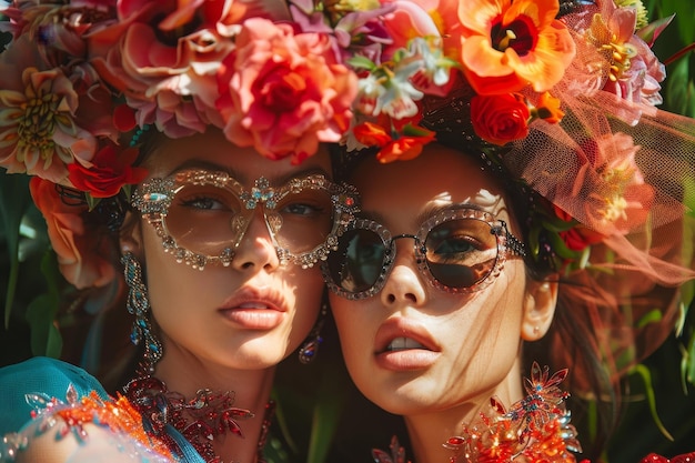 Photo two women wearing floral crowns and sunglasses