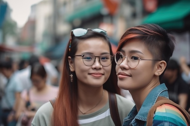 Two women wearing glasses stand in a street with a green awning.