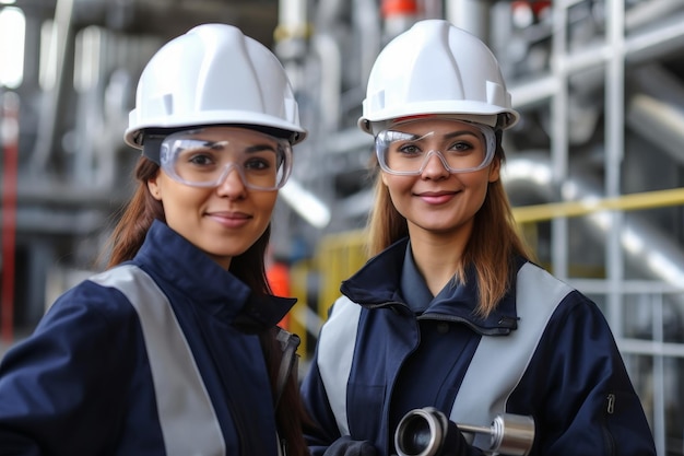 two women wearing protective gear stand in front of a construction site